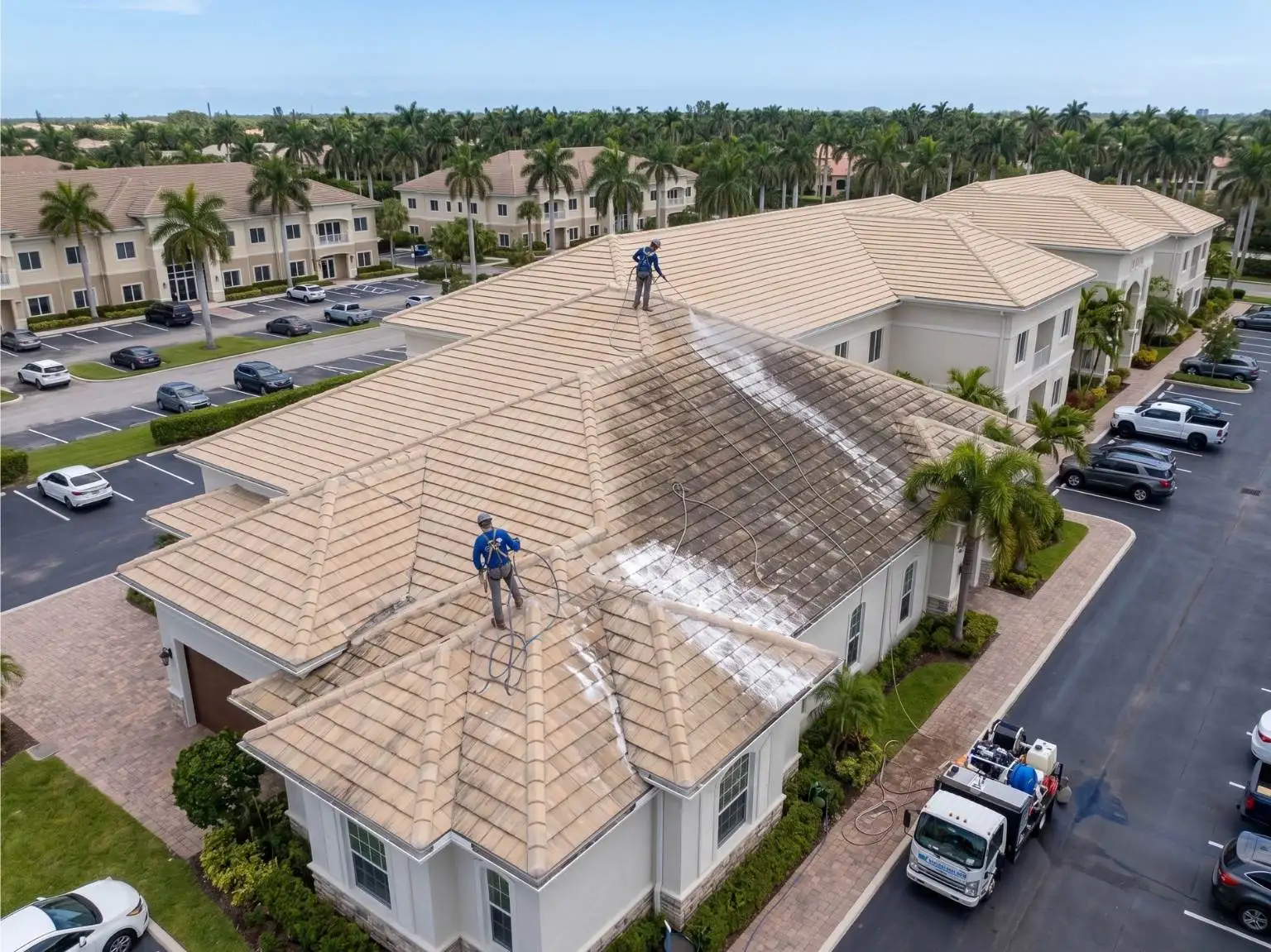 Professional roof cleaning technicians with safety harnesses soft washing the large tile roof of a multi-unit commercial business property with a service truck parked nearby