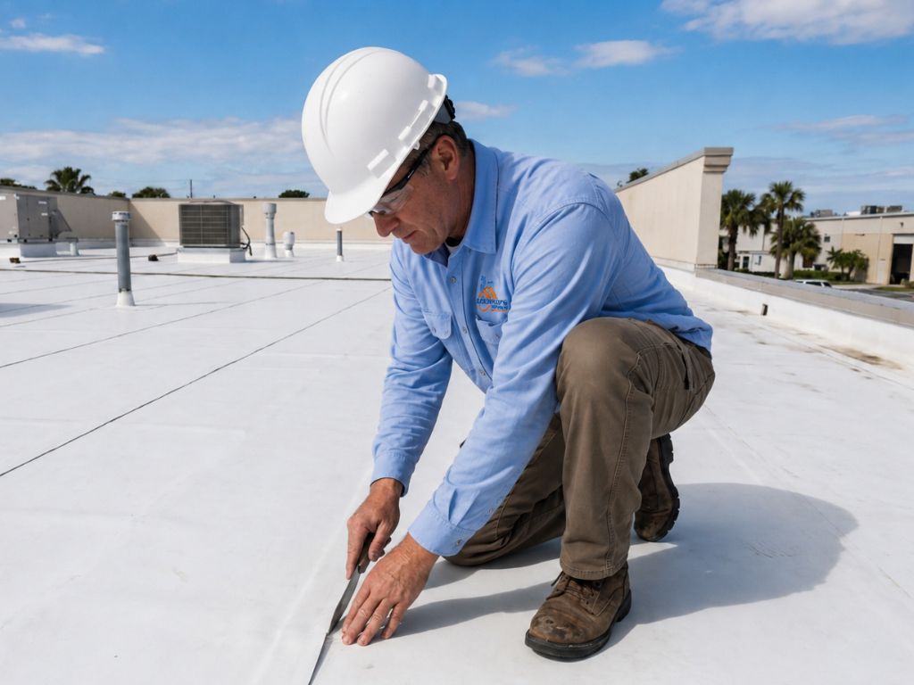 Roofing contractor inspecting a flat roof membrane in Florida to check seams, drainage, and potential repair needs.
