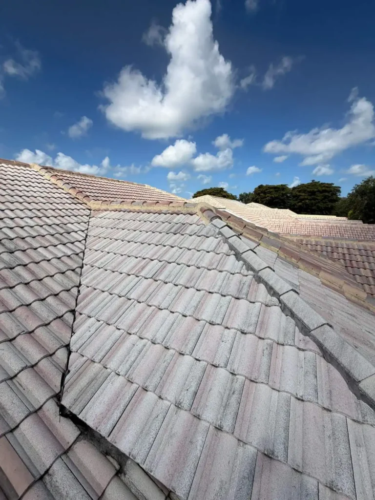 Broad perspective looking up a beautifully laid slope of multi-colored concrete barrel roofing tiles under a bright sky.