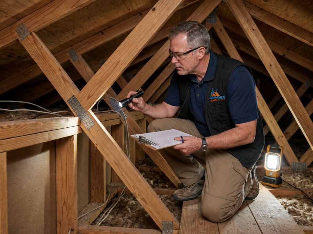 Wind mitigation inspector examining attic roof trusses in Florida, documenting hurricane-resistant features for insurance savings and roof protection.