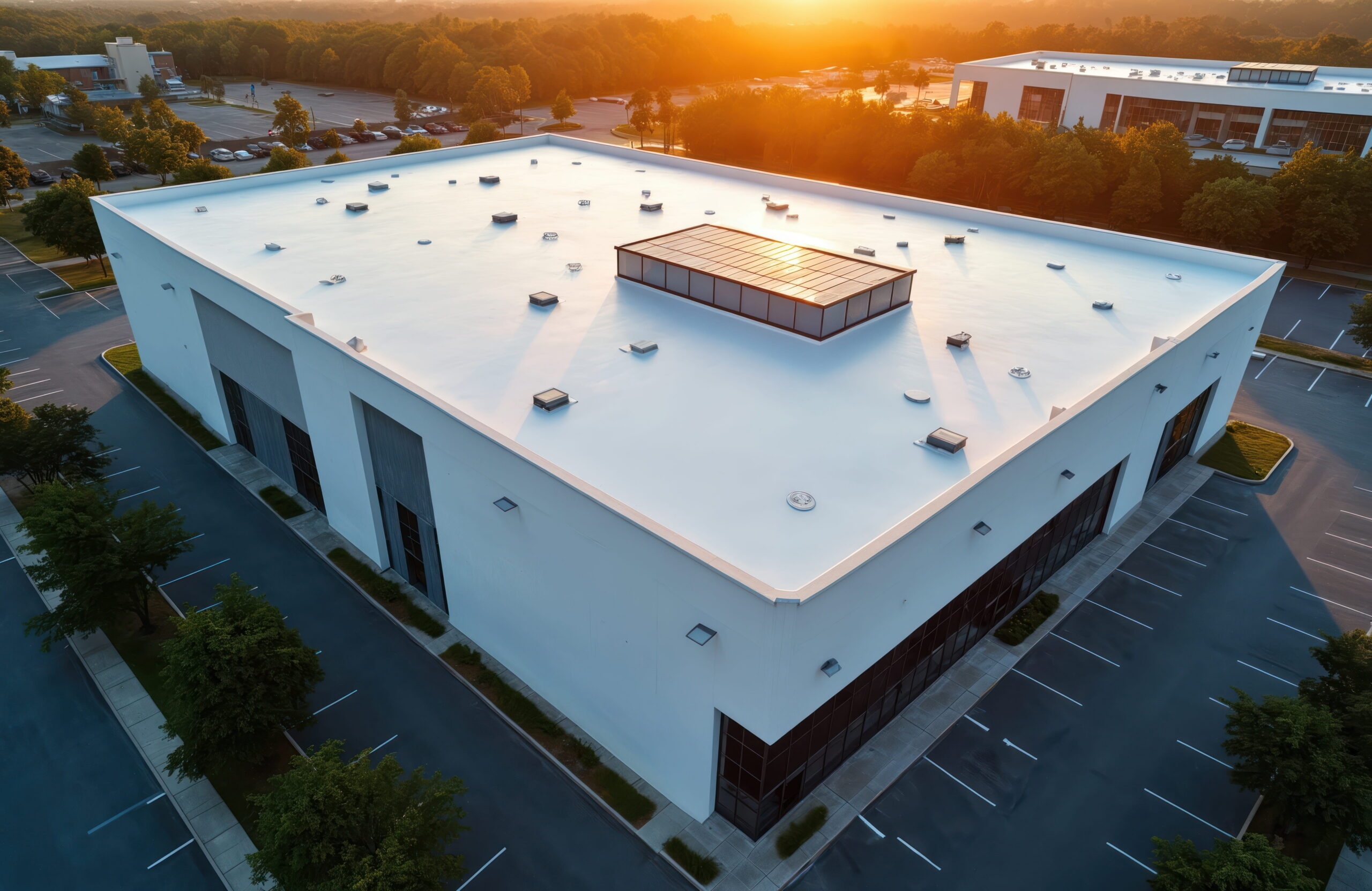 High-angle sunset view of a commercial new construction building featuring a newly installed TPO flat roof system in Charlotte County.