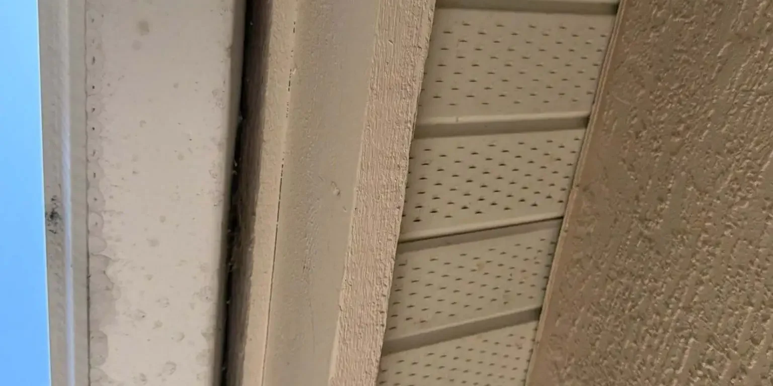 Close-up inspection of wood fascia board alignment and roofline trim details on the June 12 project by Legrand's Roofing.