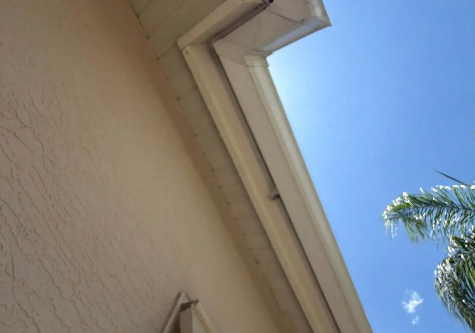 Low-angle view looking up at a mitered corner junction where the fascia boards and roof eaves intersect on the June 12 job site.