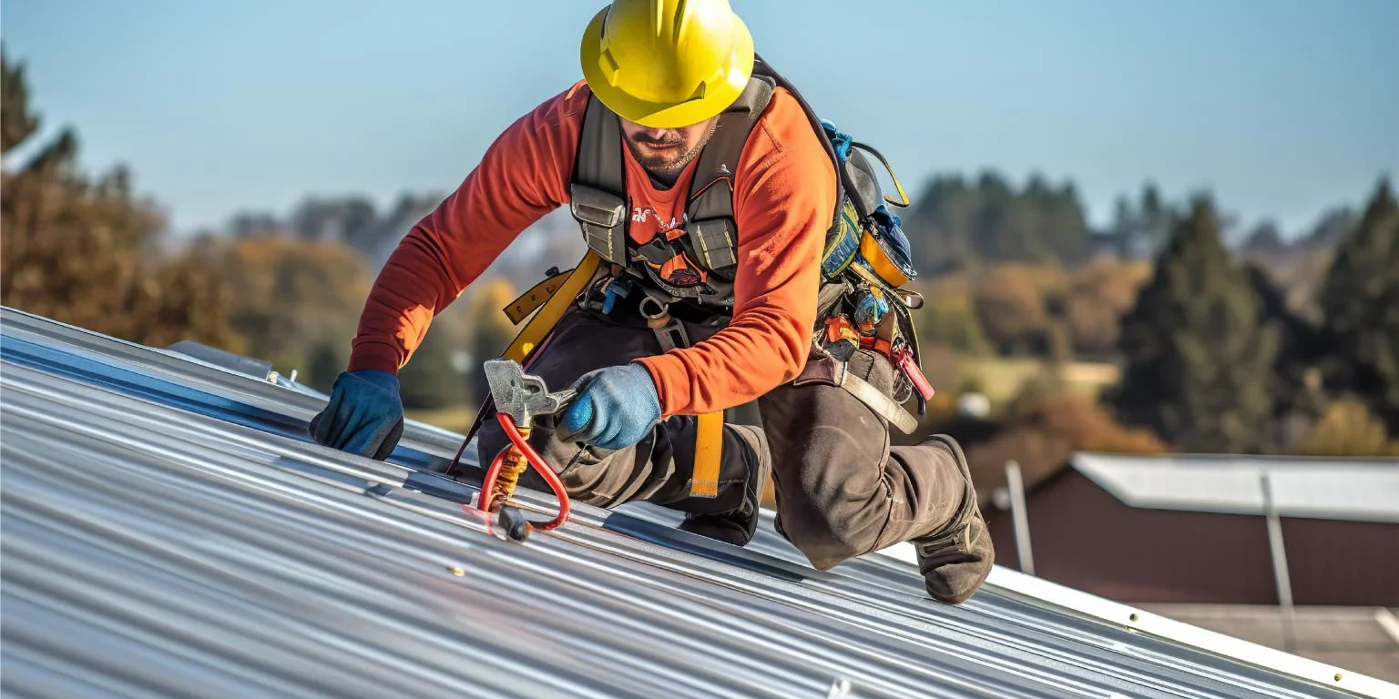 Professional roofing contractor wearing a safety harness and hard hat performing a metal roof repair, FL.