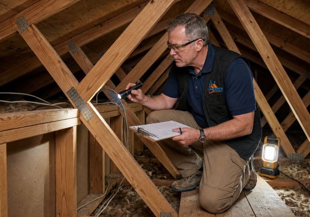 Wind mitigation inspector examining attic roof trusses in Florida, documenting hurricane-resistant features for insurance savings and roof protection.