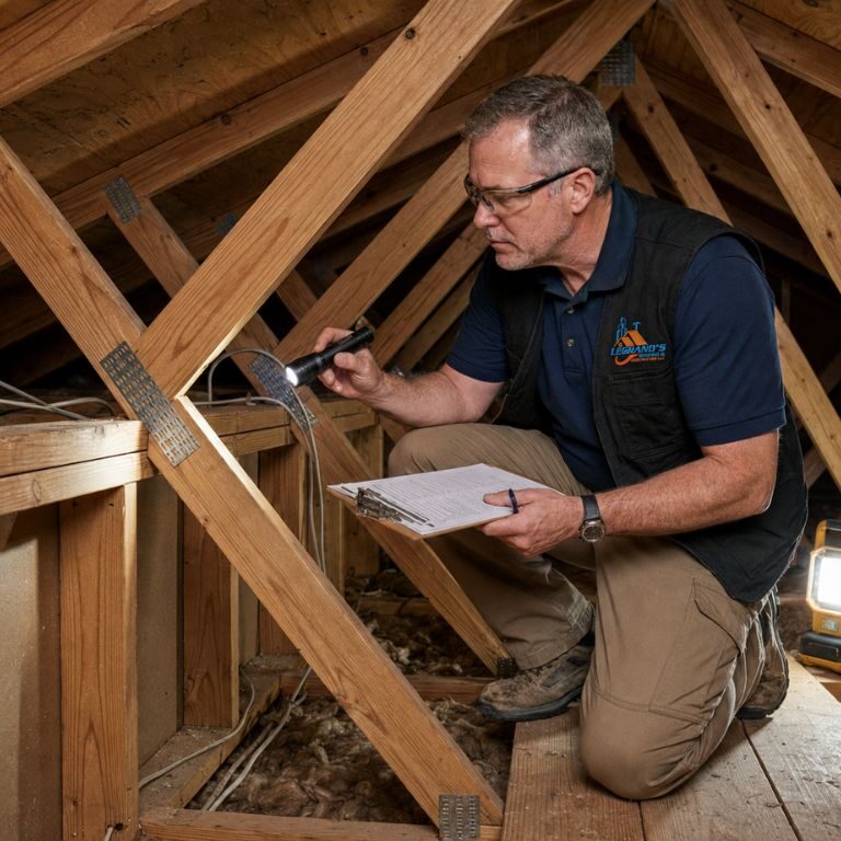 Wind mitigation inspector examining attic roof trusses in Florida, documenting hurricane-resistant features for insurance savings and roof protection.