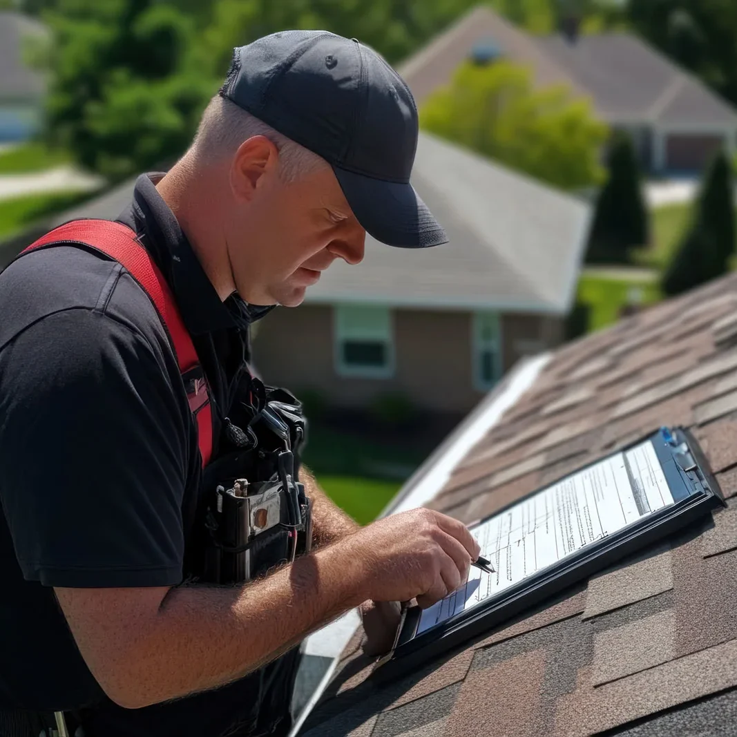 A roofing inspector wearing a safety harness stands on a residential roof, filling out an inspection report on a clipboard.